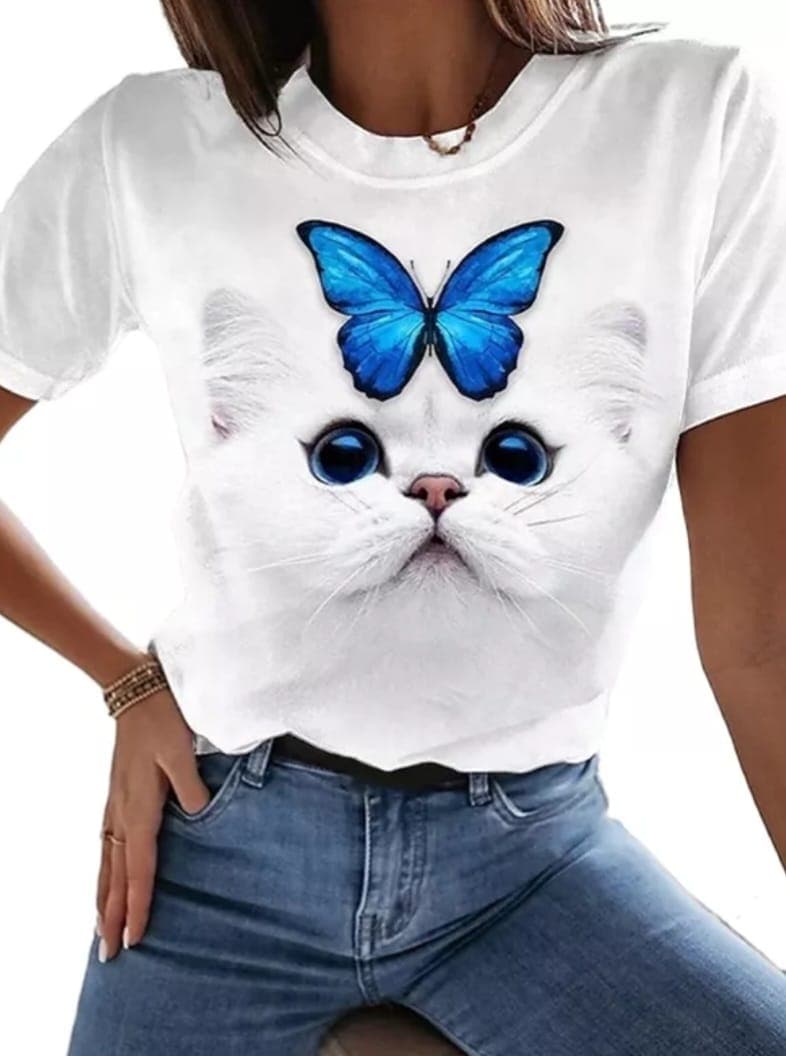 Tricou feminin PISICA ALBA CU FLUTURE ALBASTRU ALB