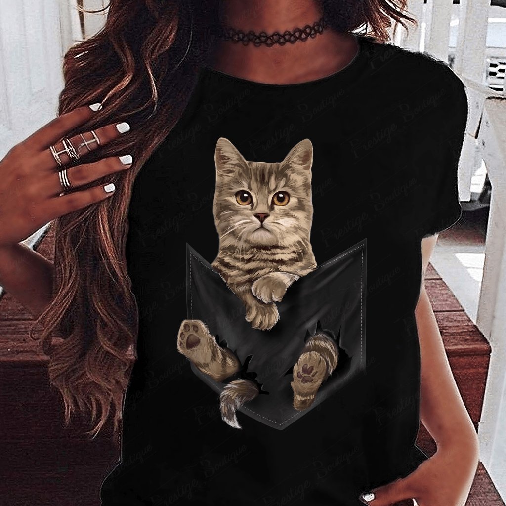 Tricou feminin BROWN CAT IN POCKET NEGRU
