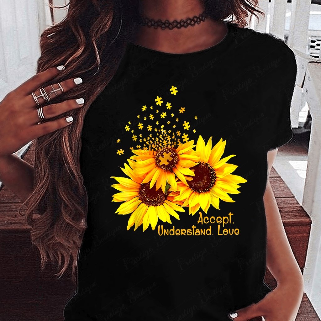 Tricou feminin Floare Soarelui Accept understand love NEGRU