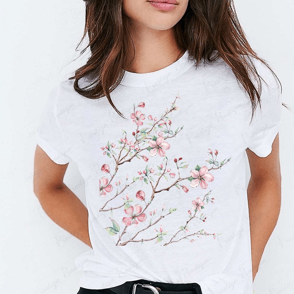 Tricou feminin Flori Ramuri de Primavara ALB