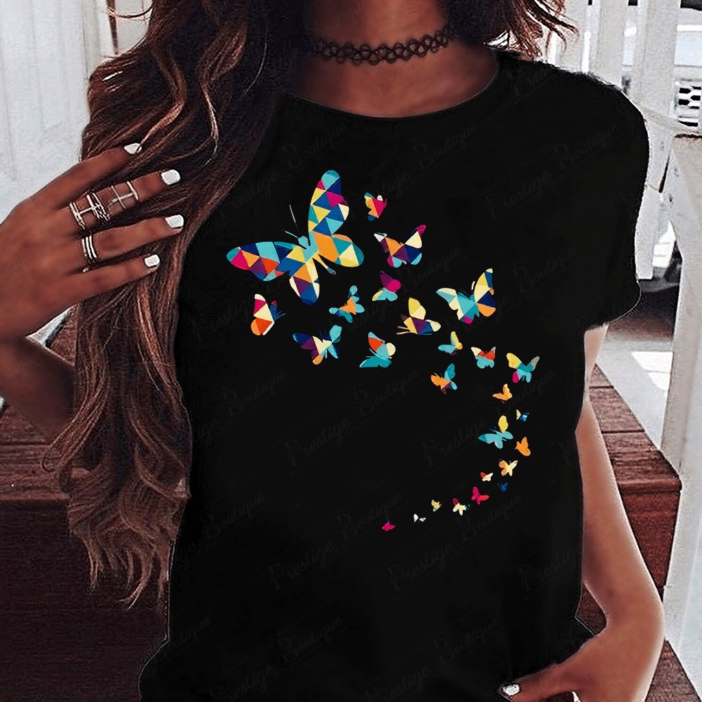 Tricou feminin STOL DE FLUTURI MULTICOLOR NEGRU