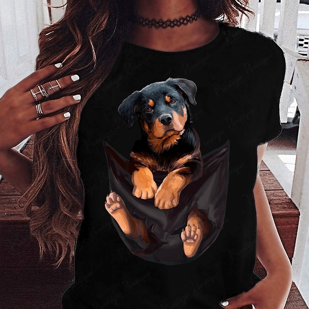 Tricou feminin CAINI ROTTWEILER IN BUZUNAR NEGRU